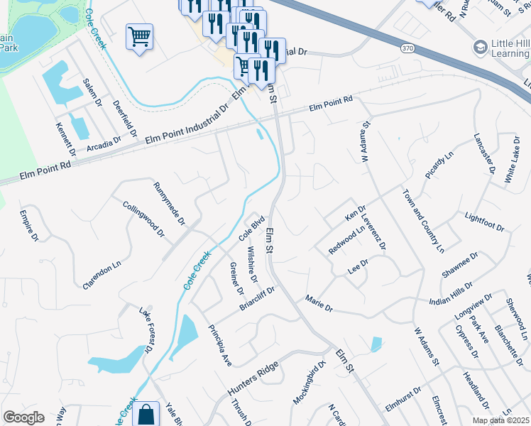 map of restaurants, bars, coffee shops, grocery stores, and more near 113 Cole Boulevard in Saint Charles