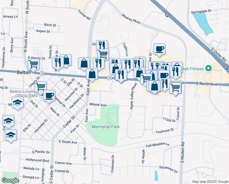 map of restaurants, bars, coffee shops, grocery stores, and more near 107 Bernard Drive in Belton