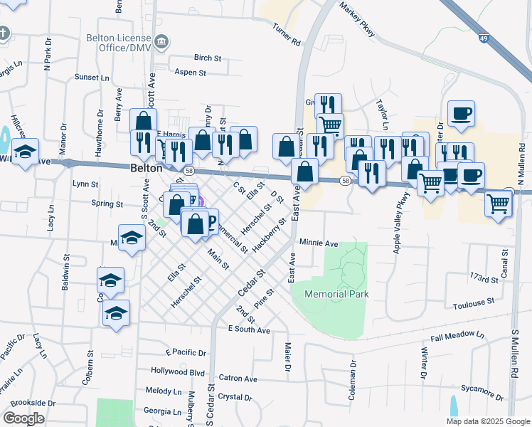 map of restaurants, bars, coffee shops, grocery stores, and more near 615 C Street in Belton