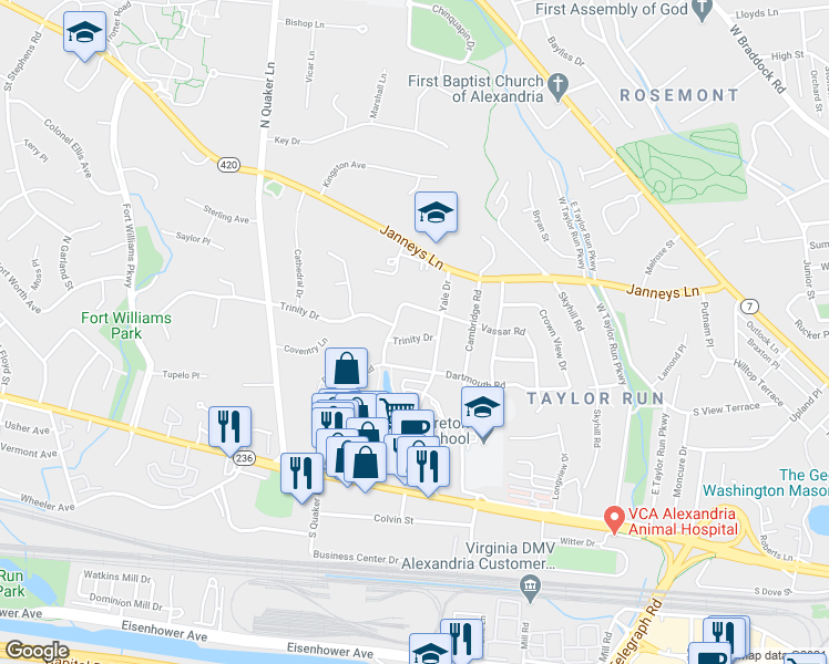 map of restaurants, bars, coffee shops, grocery stores, and more near 1107 Trinity Drive in Alexandria