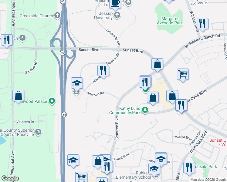 map of restaurants, bars, coffee shops, grocery stores, and more near 5828 Atherton Road in Rocklin
