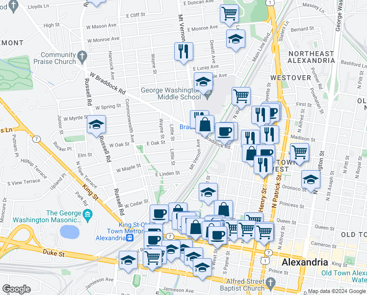 map of restaurants, bars, coffee shops, grocery stores, and more near 112 East Walnut Street in Alexandria