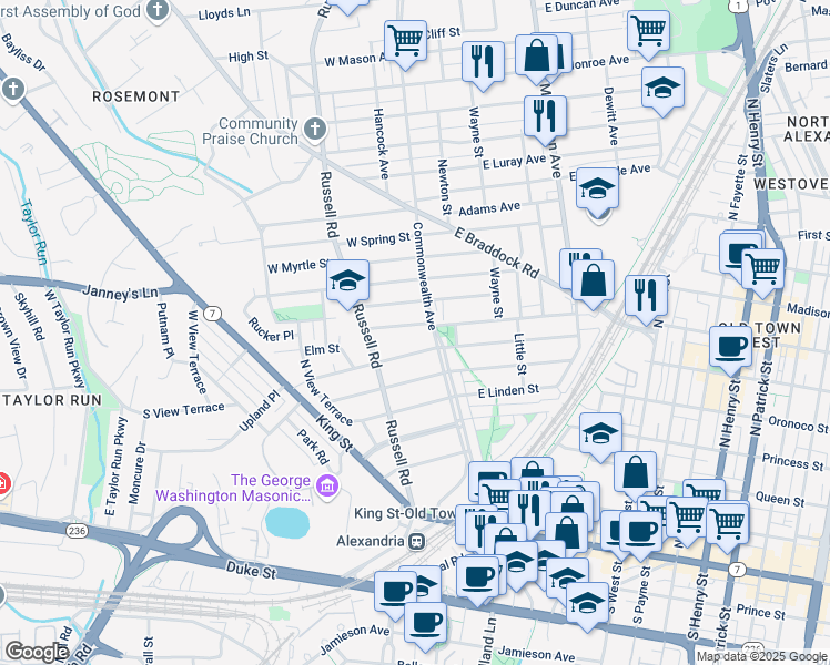 map of restaurants, bars, coffee shops, grocery stores, and more near 8 West Oak Street in Alexandria