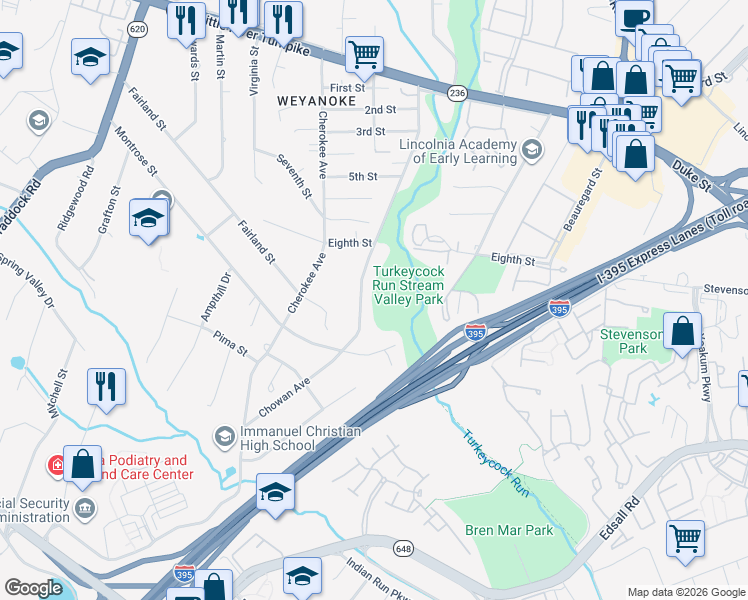 map of restaurants, bars, coffee shops, grocery stores, and more near 5121 Chowan Avenue in Alexandria
