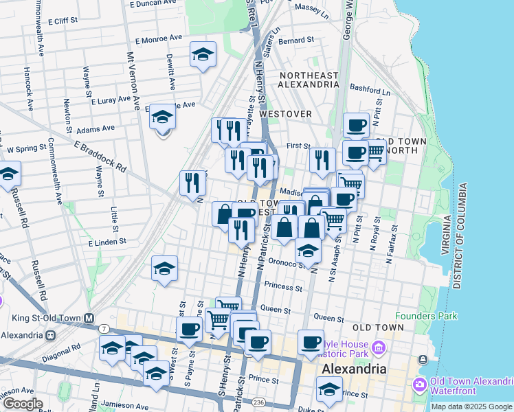map of restaurants, bars, coffee shops, grocery stores, and more near 701 North Henry Street in Alexandria