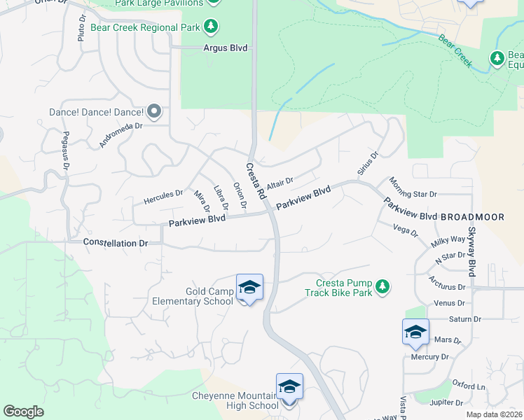 map of restaurants, bars, coffee shops, grocery stores, and more near 2102 Parkview Blvd in Colorado Springs