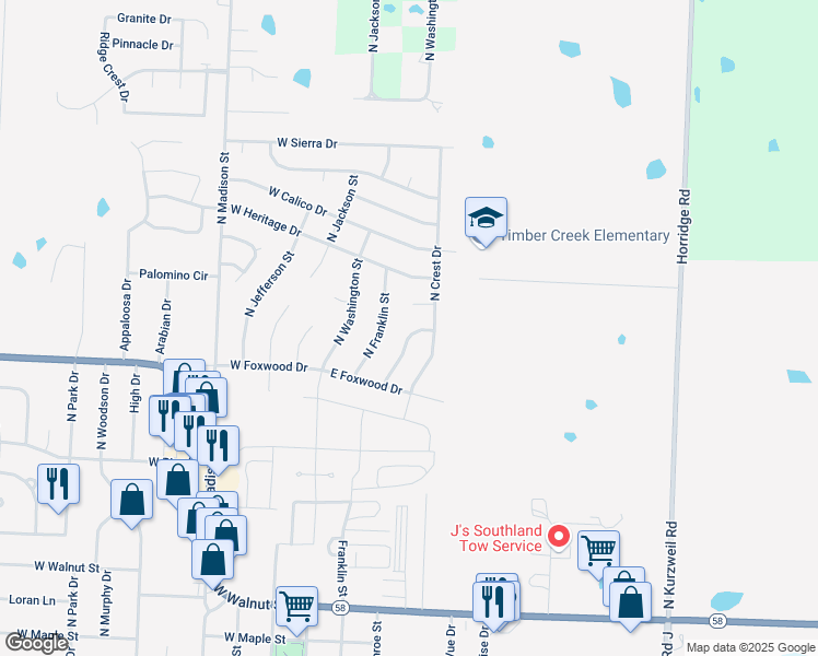 map of restaurants, bars, coffee shops, grocery stores, and more near 416 North Cheyenne Drive in Raymore