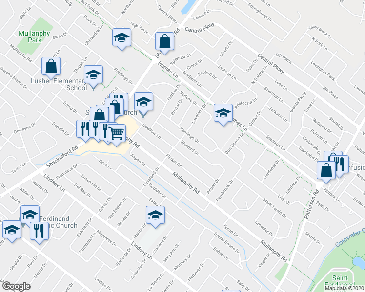 map of restaurants, bars, coffee shops, grocery stores, and more near 1370 Bluebird Drive in Florissant