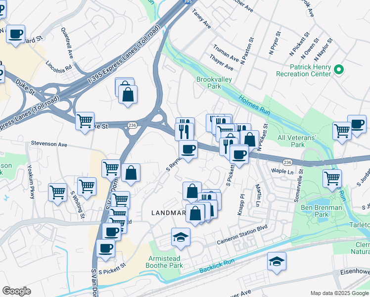 map of restaurants, bars, coffee shops, grocery stores, and more near 5418 Duke Street in Alexandria