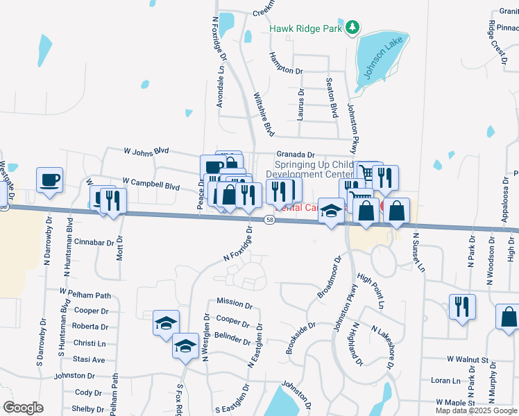 map of restaurants, bars, coffee shops, grocery stores, and more near 443 North Foxridge Drive in Raymore