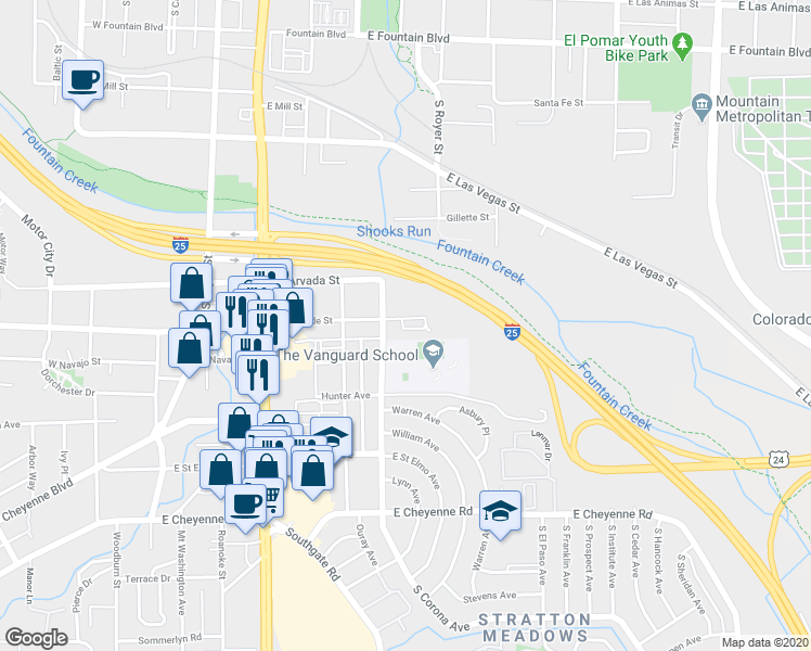 map of restaurants, bars, coffee shops, grocery stores, and more near 521 East Brookside Street in Colorado Springs