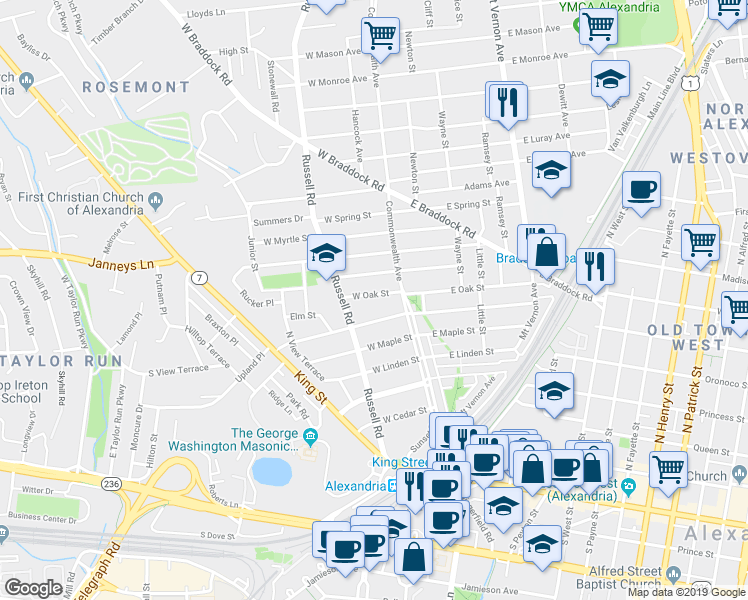 map of restaurants, bars, coffee shops, grocery stores, and more near 14 West Oak Street in Alexandria
