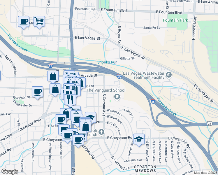 map of restaurants, bars, coffee shops, grocery stores, and more near 513 East Brookside Street in Colorado Springs