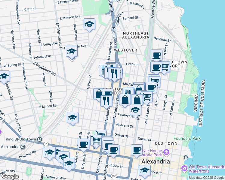 map of restaurants, bars, coffee shops, grocery stores, and more near 701 North Henry Street in Alexandria