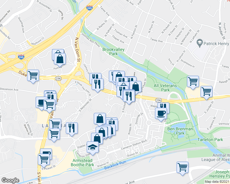 map of restaurants, bars, coffee shops, grocery stores, and more near 5287 Duke Street in Alexandria