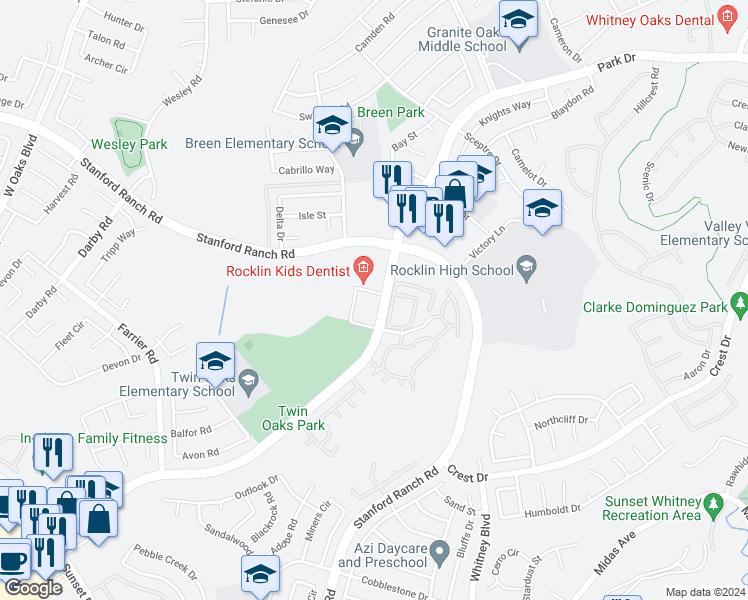 map of restaurants, bars, coffee shops, grocery stores, and more near 5440 Park Drive in Rocklin