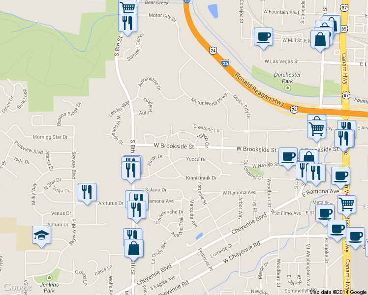 map of restaurants, bars, coffee shops, grocery stores, and more near 515 W Brookside St in Colorado Springs