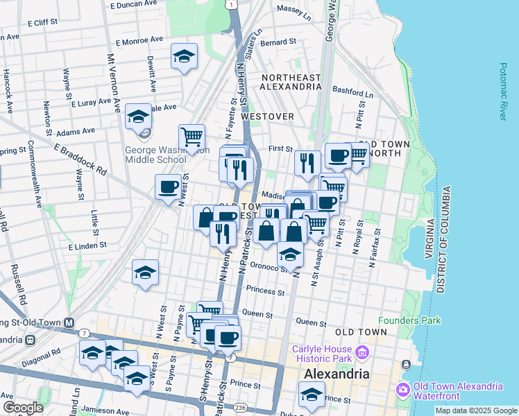 map of restaurants, bars, coffee shops, grocery stores, and more near 901 Wythe Street in Alexandria
