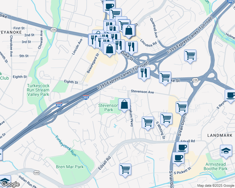 map of restaurants, bars, coffee shops, grocery stores, and more near 6300 Stevenson Avenue in Alexandria