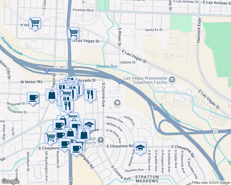 map of restaurants, bars, coffee shops, grocery stores, and more near 549 Crockett Lane in Colorado Springs