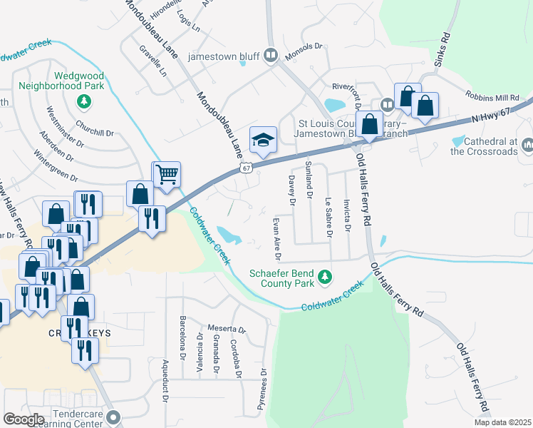 map of restaurants, bars, coffee shops, grocery stores, and more near 3702 Candlewyck Club Drive in Florissant