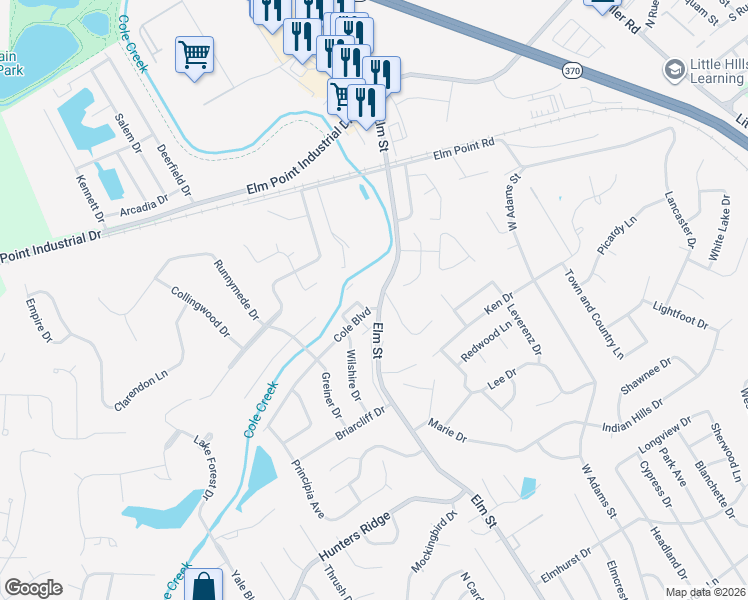 map of restaurants, bars, coffee shops, grocery stores, and more near 113 Cole Boulevard in Saint Charles