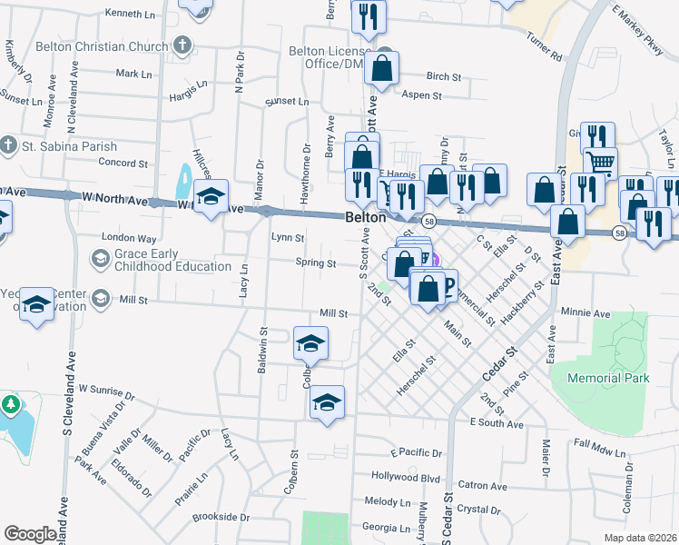 map of restaurants, bars, coffee shops, grocery stores, and more near 107 Spring Ct in Belton
