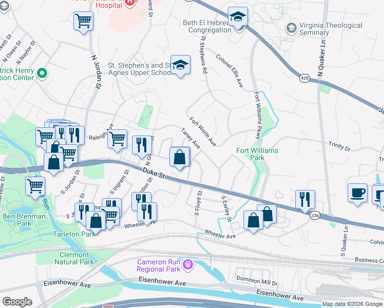 map of restaurants, bars, coffee shops, grocery stores, and more near 142 North French Street in Alexandria