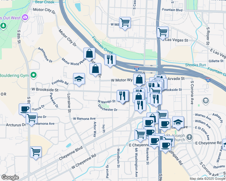 map of restaurants, bars, coffee shops, grocery stores, and more near 48 West Brookside Street in Colorado Springs