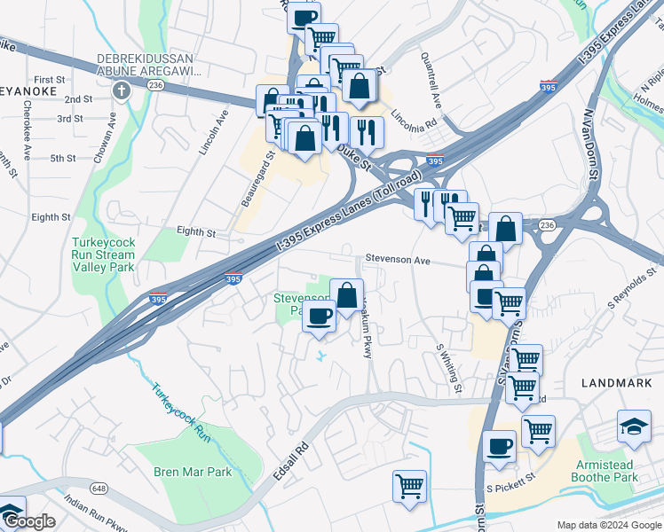 map of restaurants, bars, coffee shops, grocery stores, and more near 6300 Stevenson Avenue in Alexandria