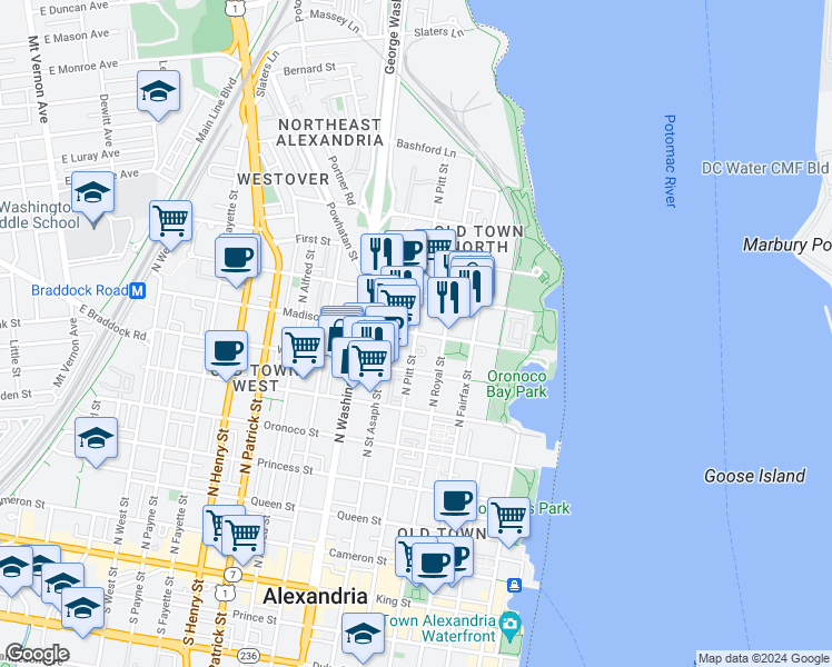 map of restaurants, bars, coffee shops, grocery stores, and more near 796 North Pitt Street in Alexandria
