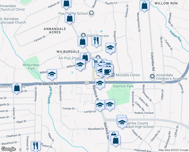 map of restaurants, bars, coffee shops, grocery stores, and more near 6940 Braddock Rd in Annandale