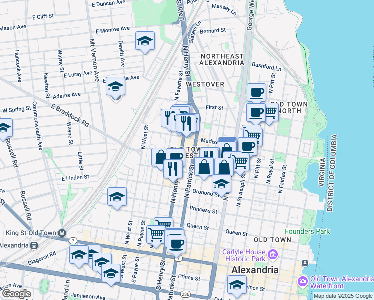 map of restaurants, bars, coffee shops, grocery stores, and more near 701 North Henry Street in Alexandria