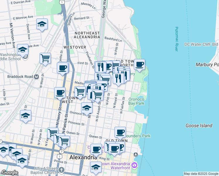 map of restaurants, bars, coffee shops, grocery stores, and more near 500 Madison Street in Alexandria