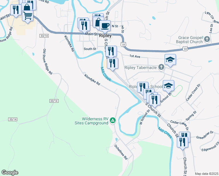 map of restaurants, bars, coffee shops, grocery stores, and more near 637 Klondyke Road in Ripley