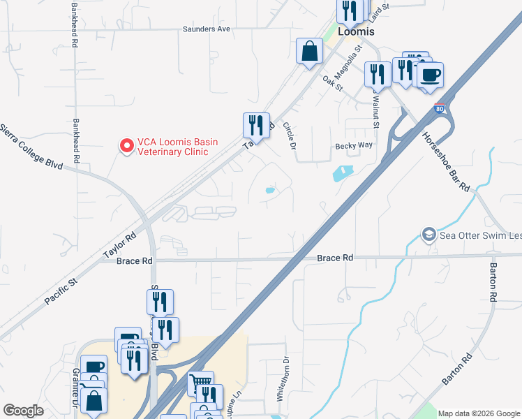 map of restaurants, bars, coffee shops, grocery stores, and more near 4073 Quarry Court in Loomis