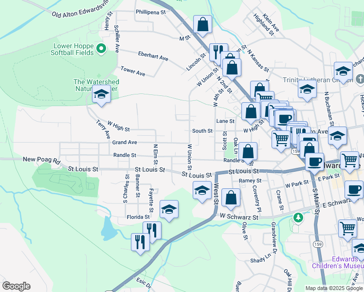 map of restaurants, bars, coffee shops, grocery stores, and more near 810 Grand Avenue in Edwardsville