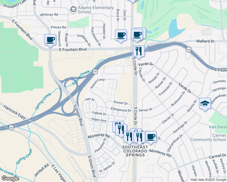 map of restaurants, bars, coffee shops, grocery stores, and more near 1298 Antrim Loop in Colorado Springs