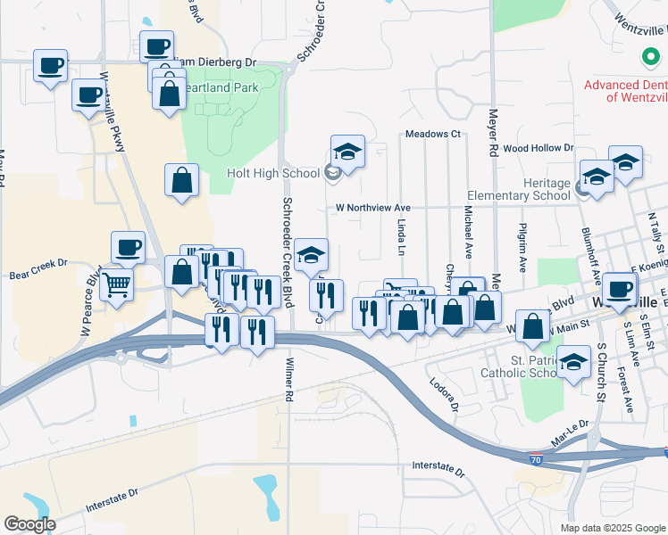 map of restaurants, bars, coffee shops, grocery stores, and more near 201 Saint Charles Street in Wentzville