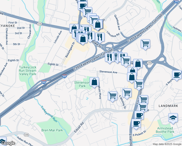 map of restaurants, bars, coffee shops, grocery stores, and more near 6300 Stevenson Avenue in Alexandria