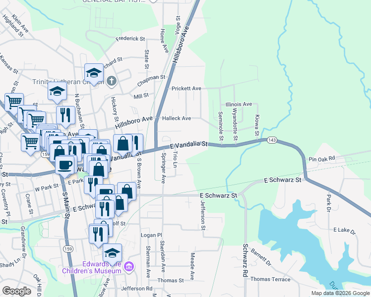 map of restaurants, bars, coffee shops, grocery stores, and more near 650 East Vandalia Street in Edwardsville