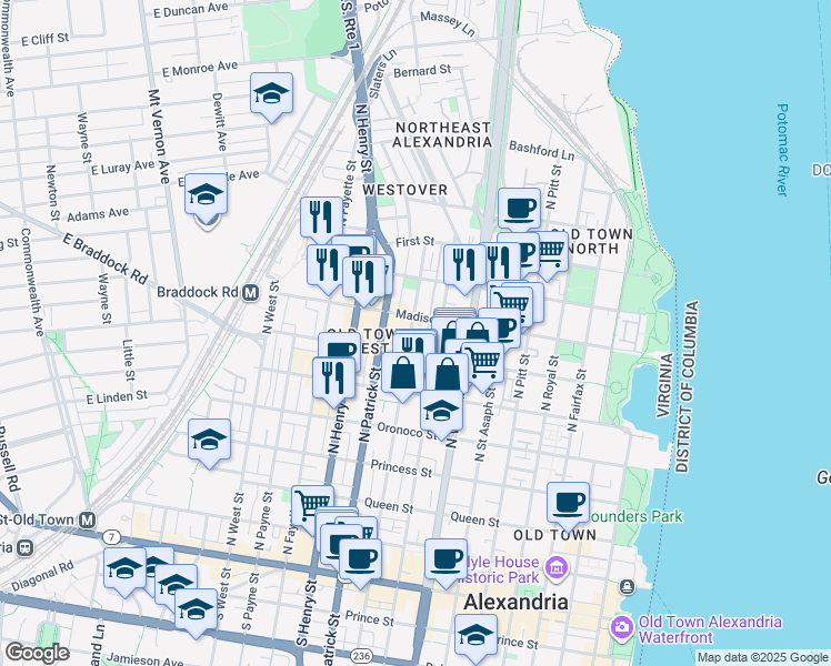map of restaurants, bars, coffee shops, grocery stores, and more near 725 North Alfred Street in Alexandria