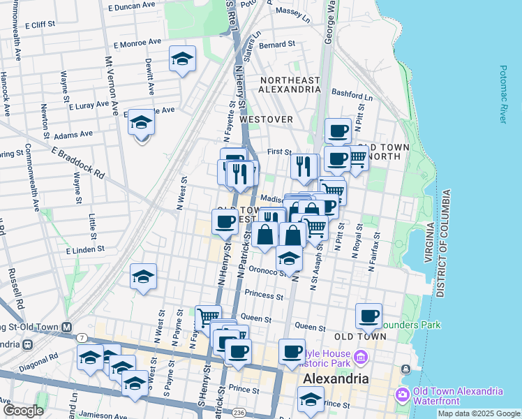 map of restaurants, bars, coffee shops, grocery stores, and more near 901 Wythe Street in Alexandria