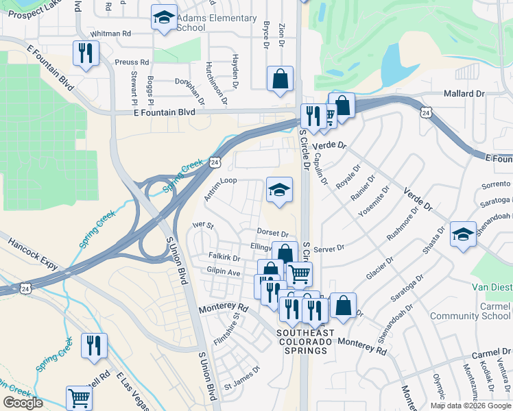 map of restaurants, bars, coffee shops, grocery stores, and more near 1298 Antrim Loop in Colorado Springs