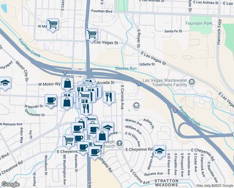 map of restaurants, bars, coffee shops, grocery stores, and more near 417 East Brookside Street in Colorado Springs