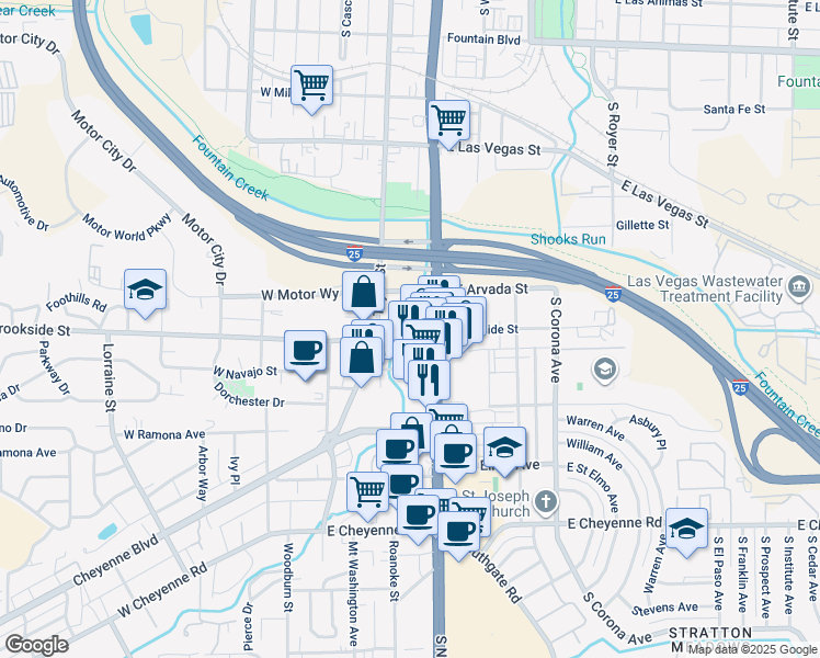 map of restaurants, bars, coffee shops, grocery stores, and more near 1500 South Nevada Avenue in Colorado Springs