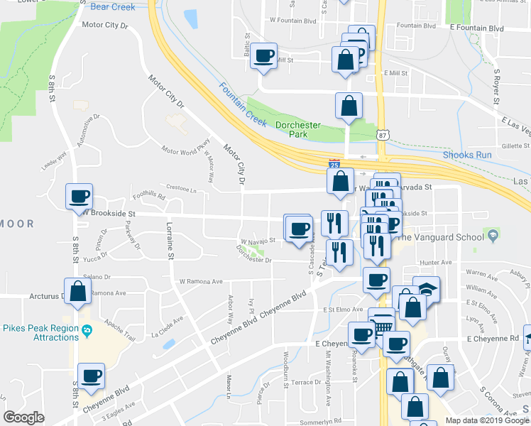 map of restaurants, bars, coffee shops, grocery stores, and more near 48 West Brookside Street in Colorado Springs