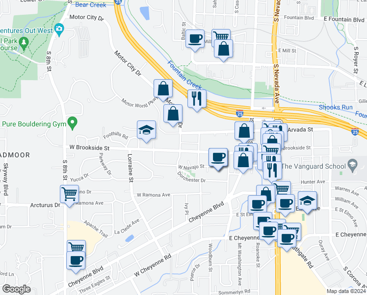 map of restaurants, bars, coffee shops, grocery stores, and more near 113 West Brookside Street in Colorado Springs