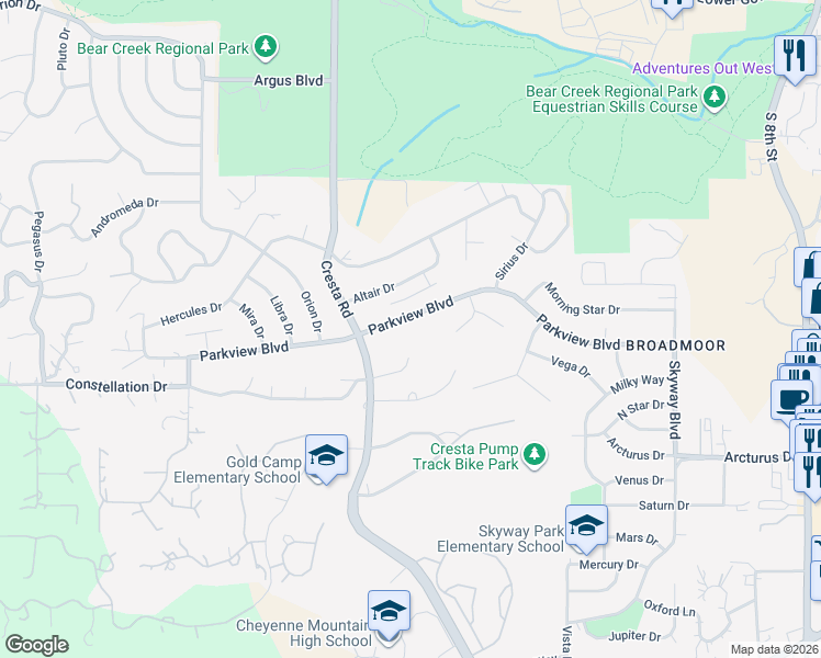 map of restaurants, bars, coffee shops, grocery stores, and more near 1509 Alpha Court in Colorado Springs