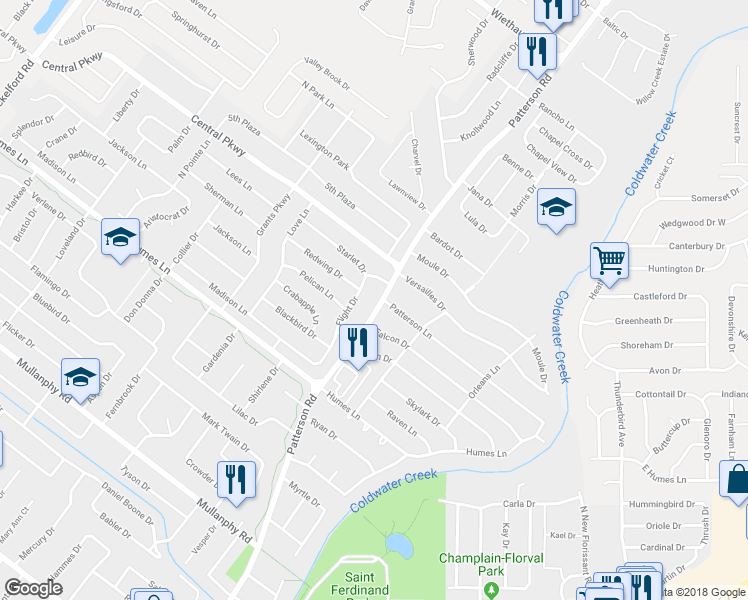 map of restaurants, bars, coffee shops, grocery stores, and more near 2320 Patterson Road in Florissant